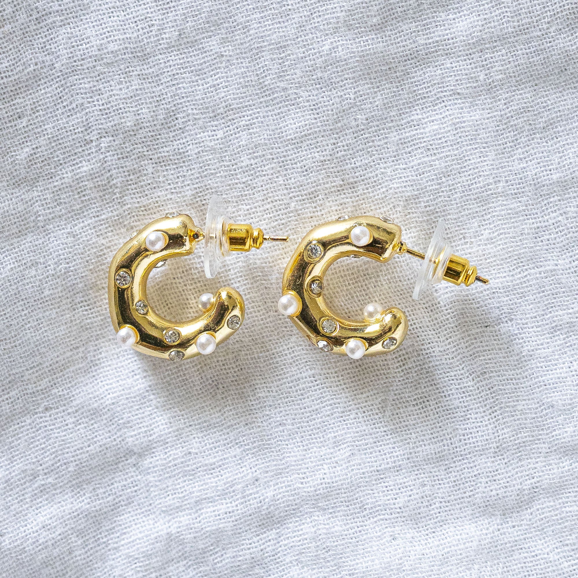 Textured Hoop Earrings with Pearls & Gems Gold