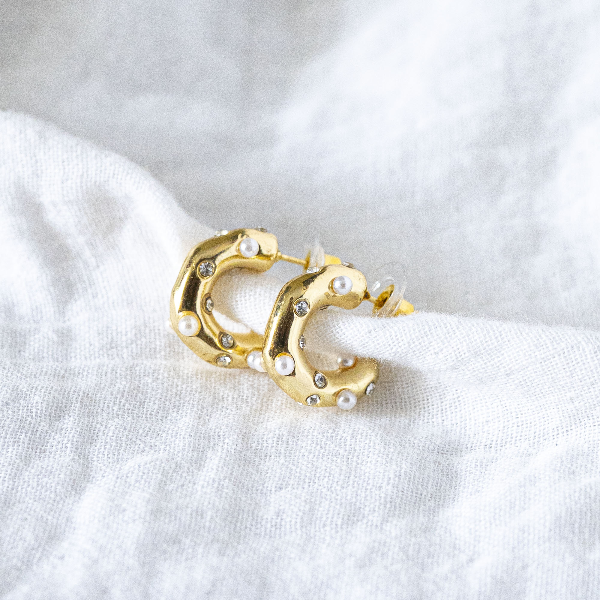 Textured Hoop Earrings with Pearls & Gems Gold