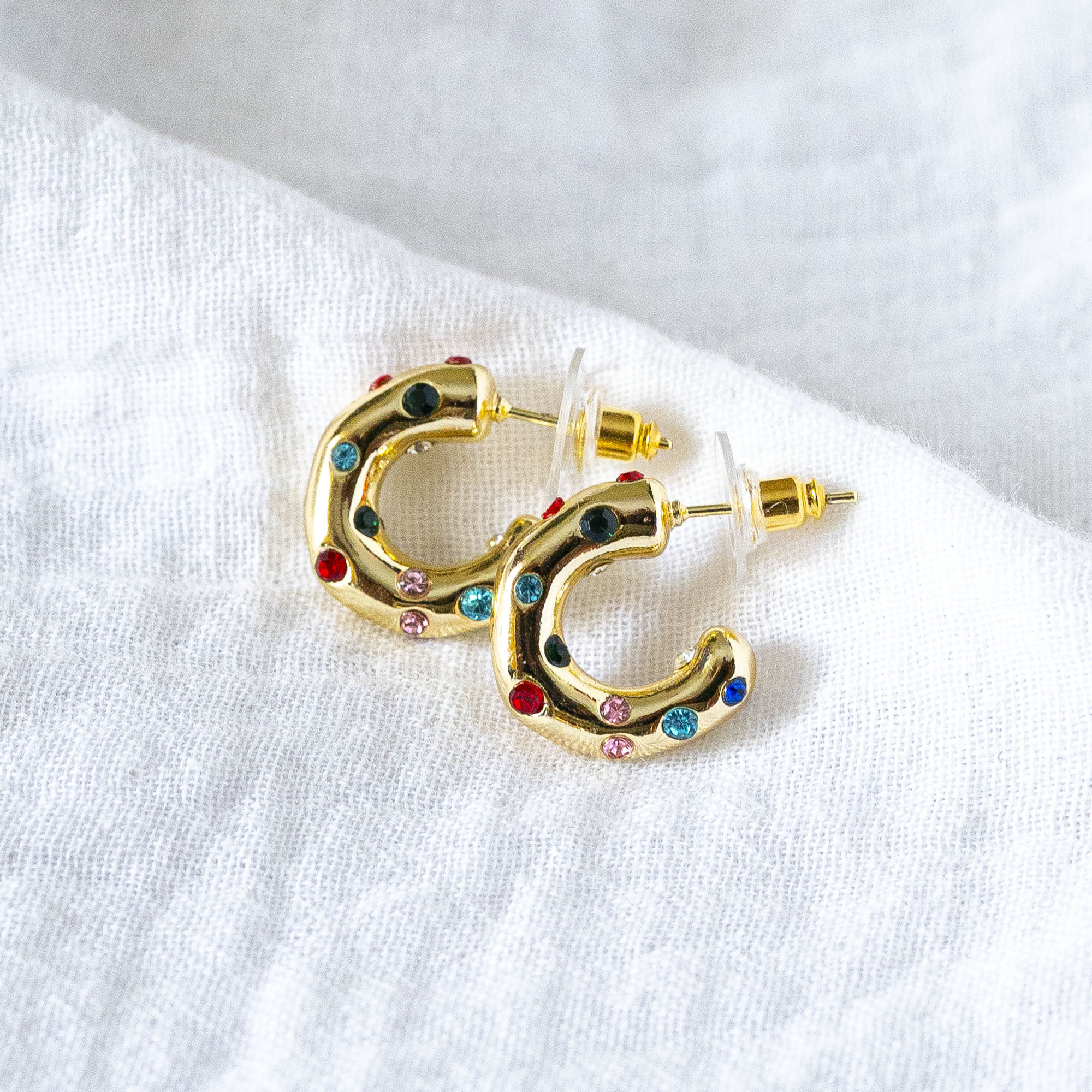 Rainbow Gemstone Mini-Hoop Earrings Gold