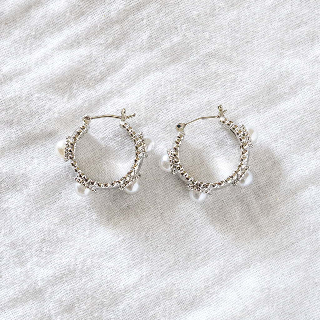 Beaded Pearl Mini-Hoop Earrings Silver