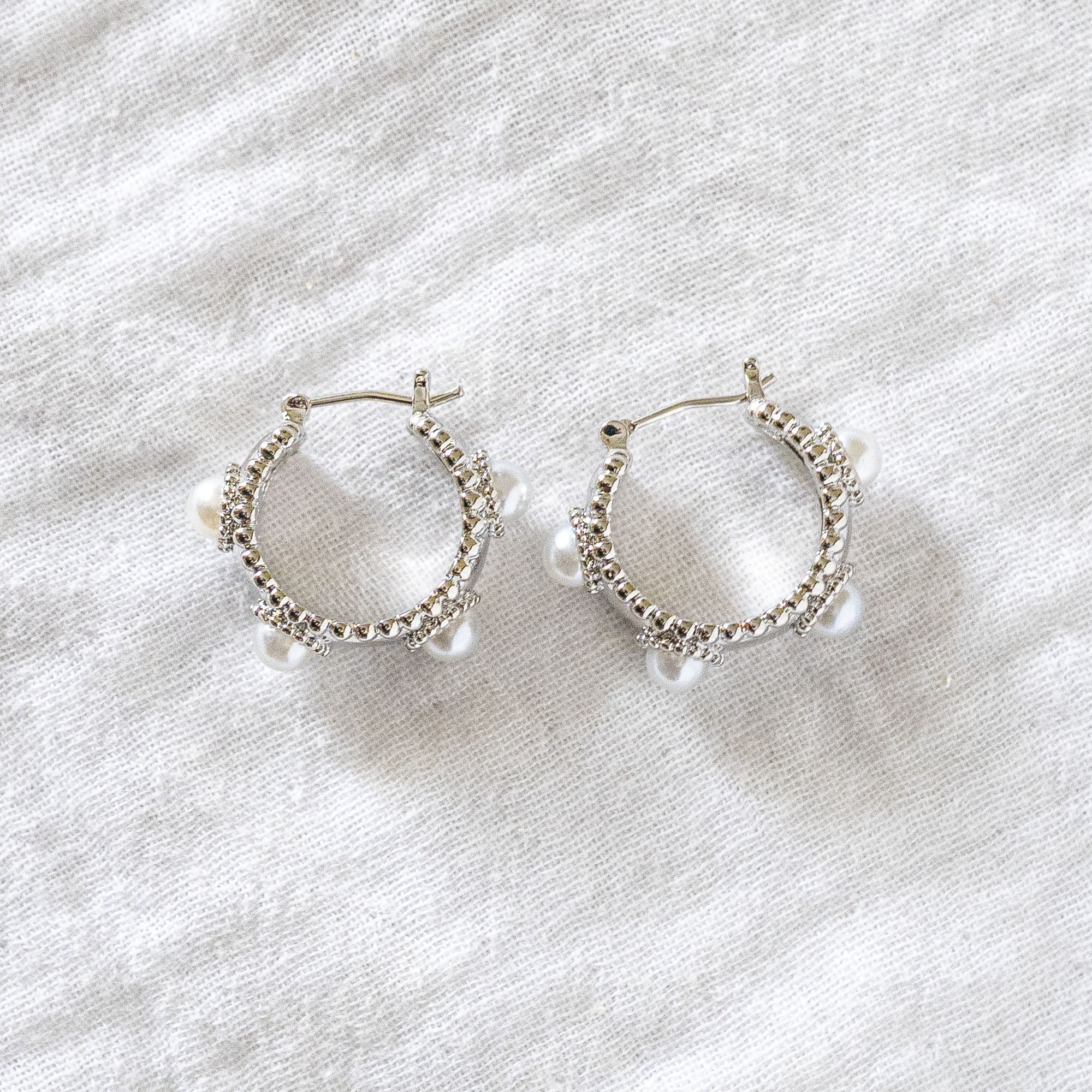 Beaded Pearl Mini-Hoop Earrings Silver