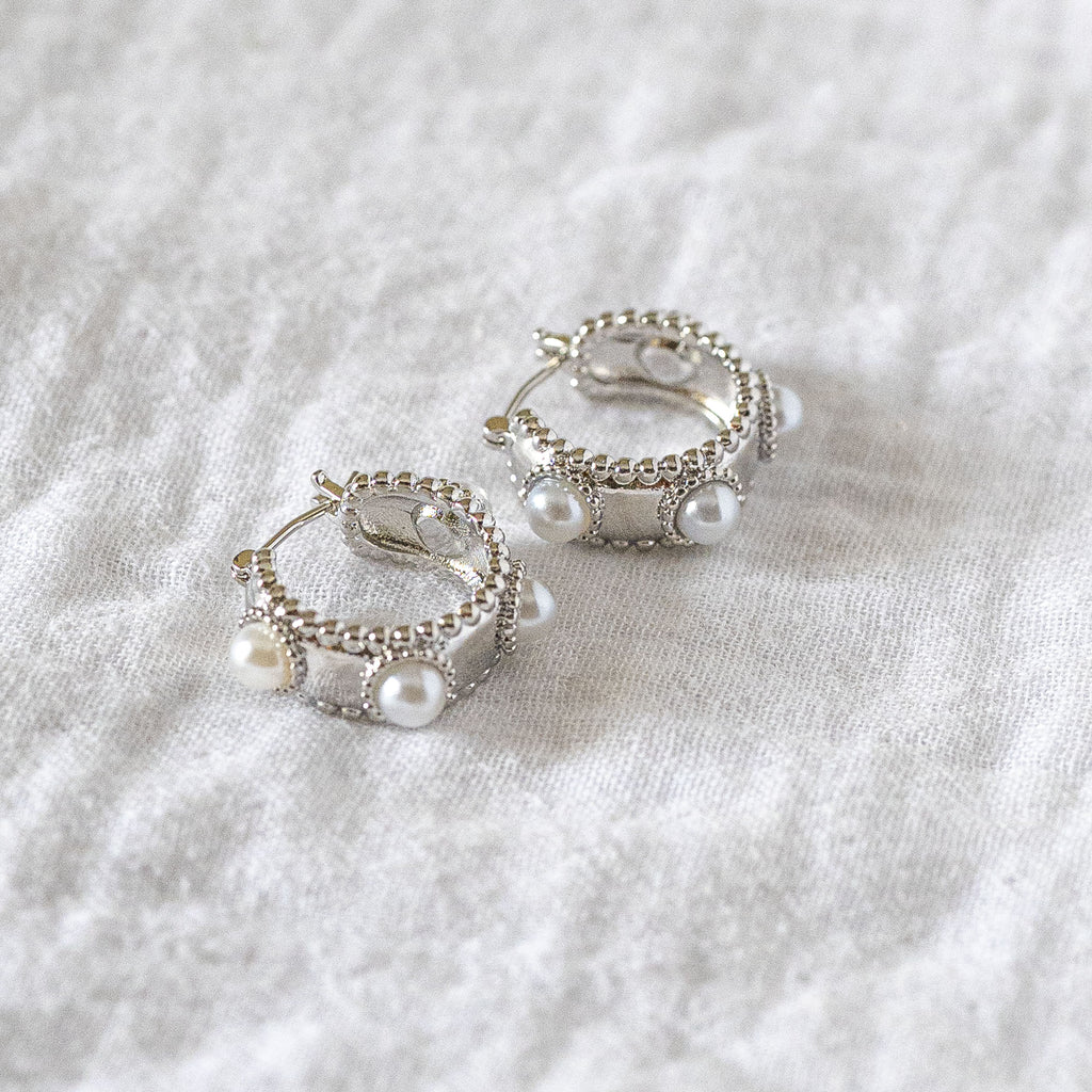 Beaded Pearl Mini-Hoop Earrings Silver
