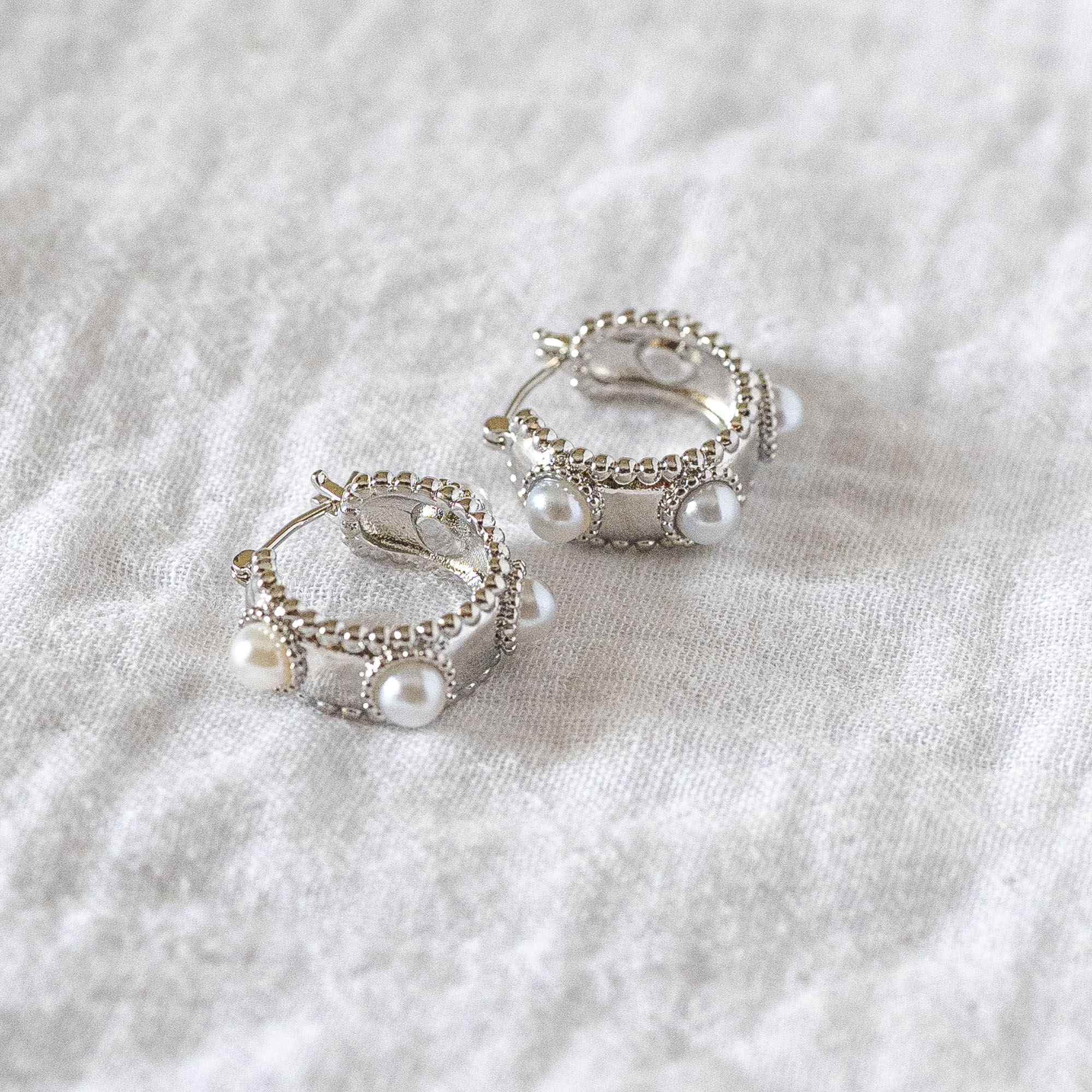 Beaded Pearl Mini-Hoop Earrings Silver