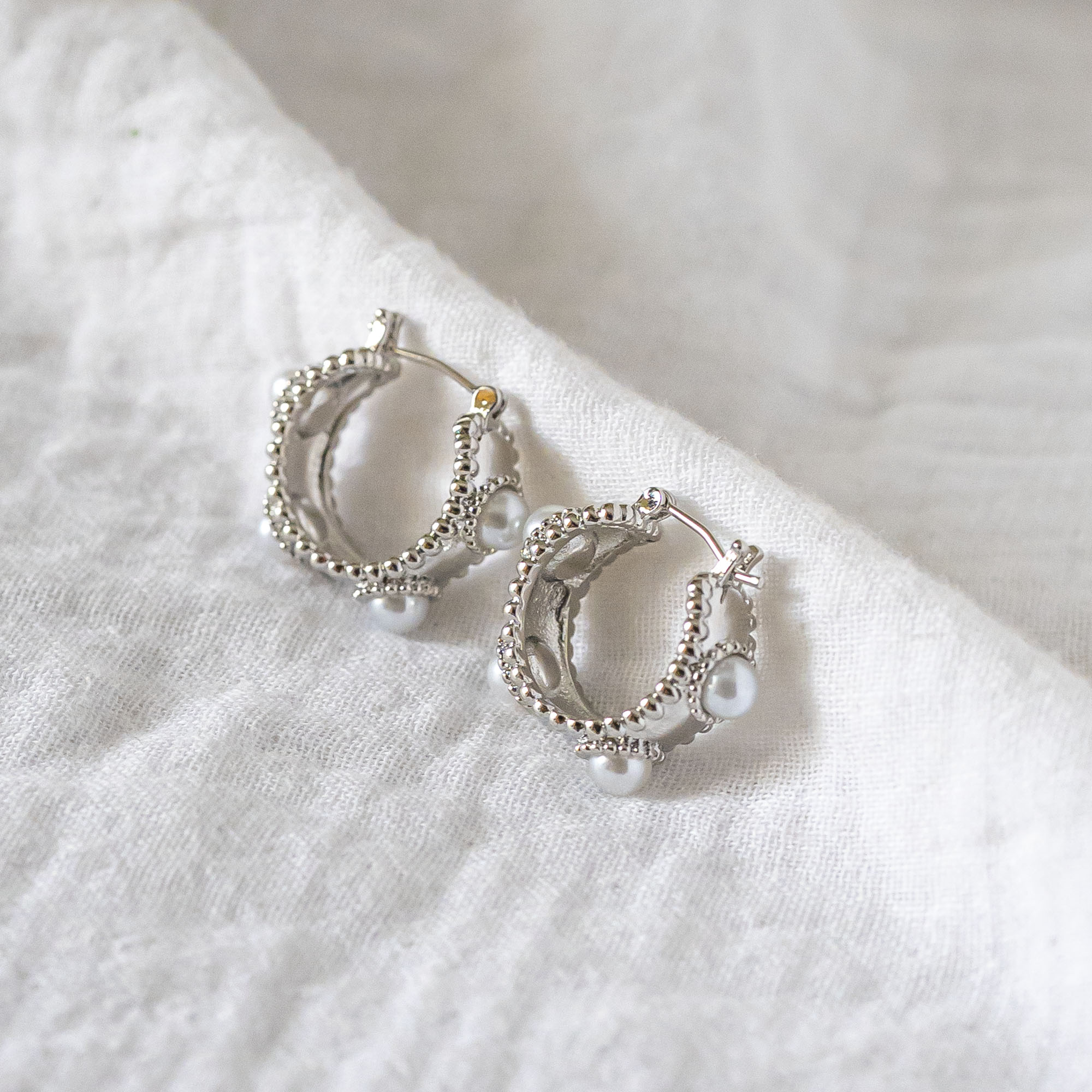 Beaded Pearl Mini-Hoop Earrings Silver