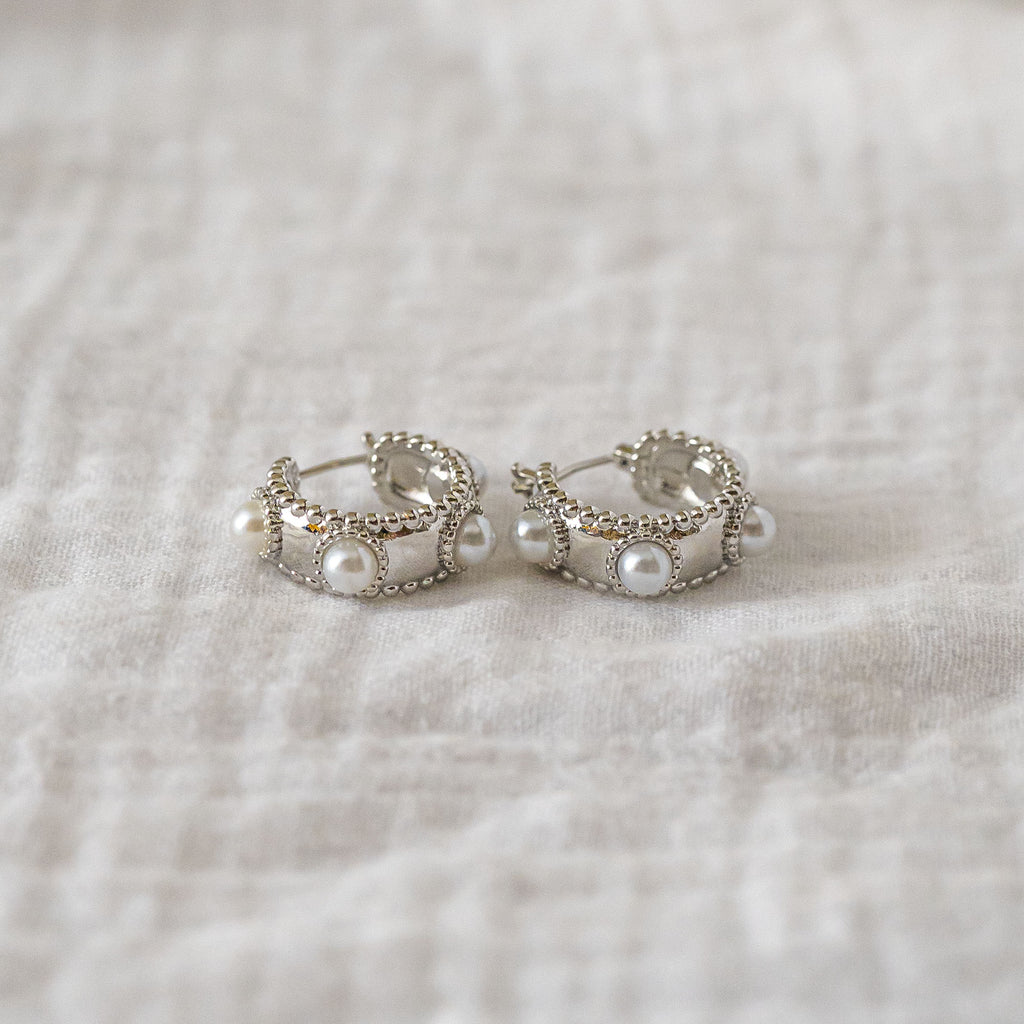 Beaded Pearl Mini-Hoop Earrings Silver