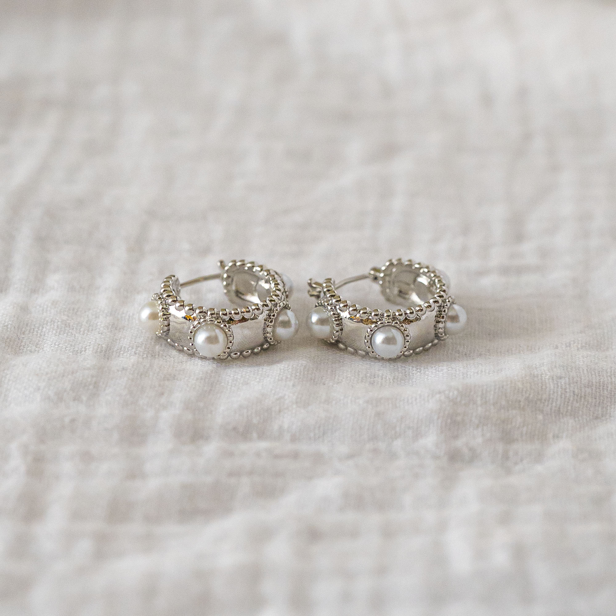 Beaded Pearl Mini-Hoop Earrings Silver