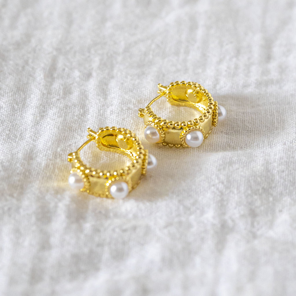Beaded Pearl Mini-Hoop Earrings Gold