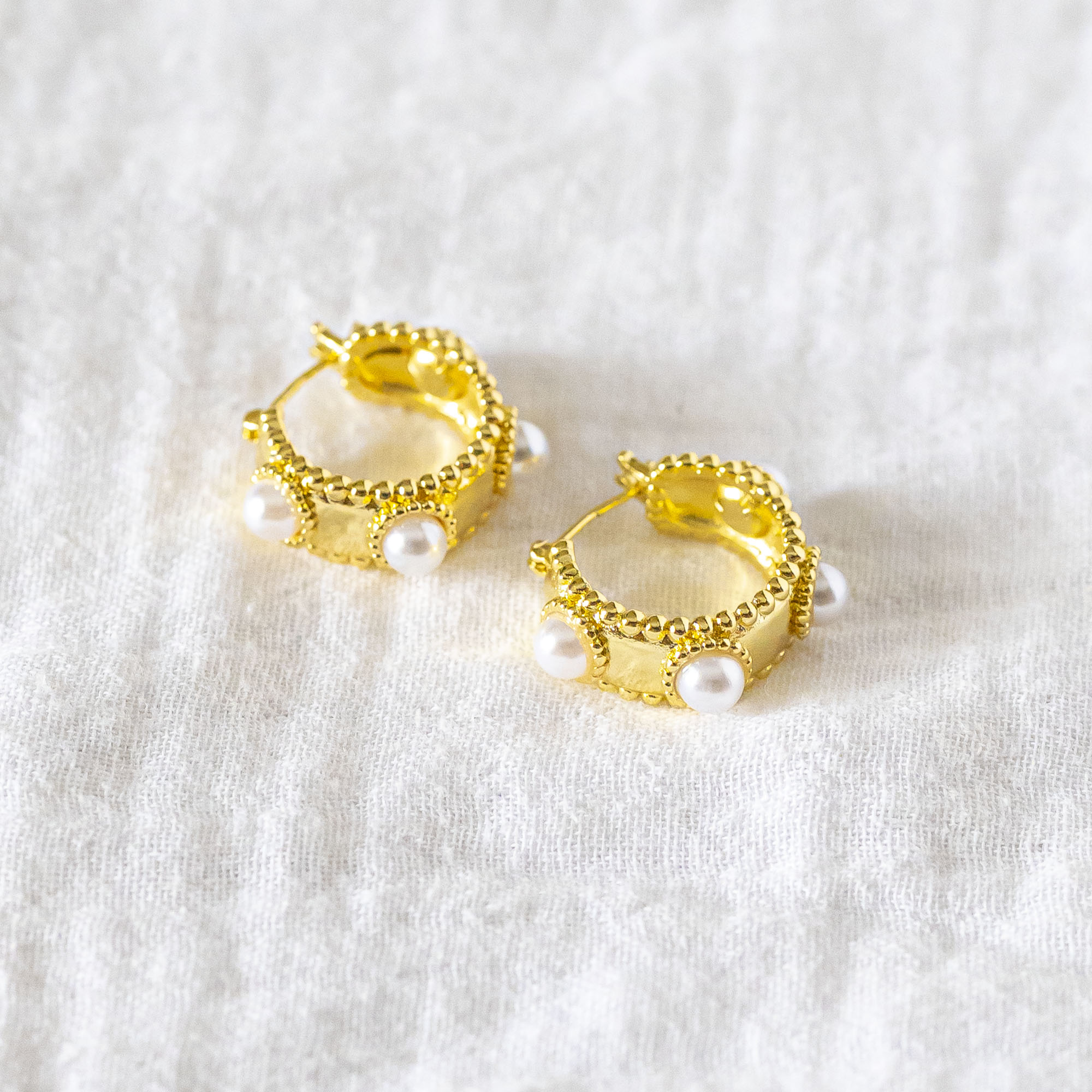 Beaded Pearl Mini-Hoop Earrings Gold