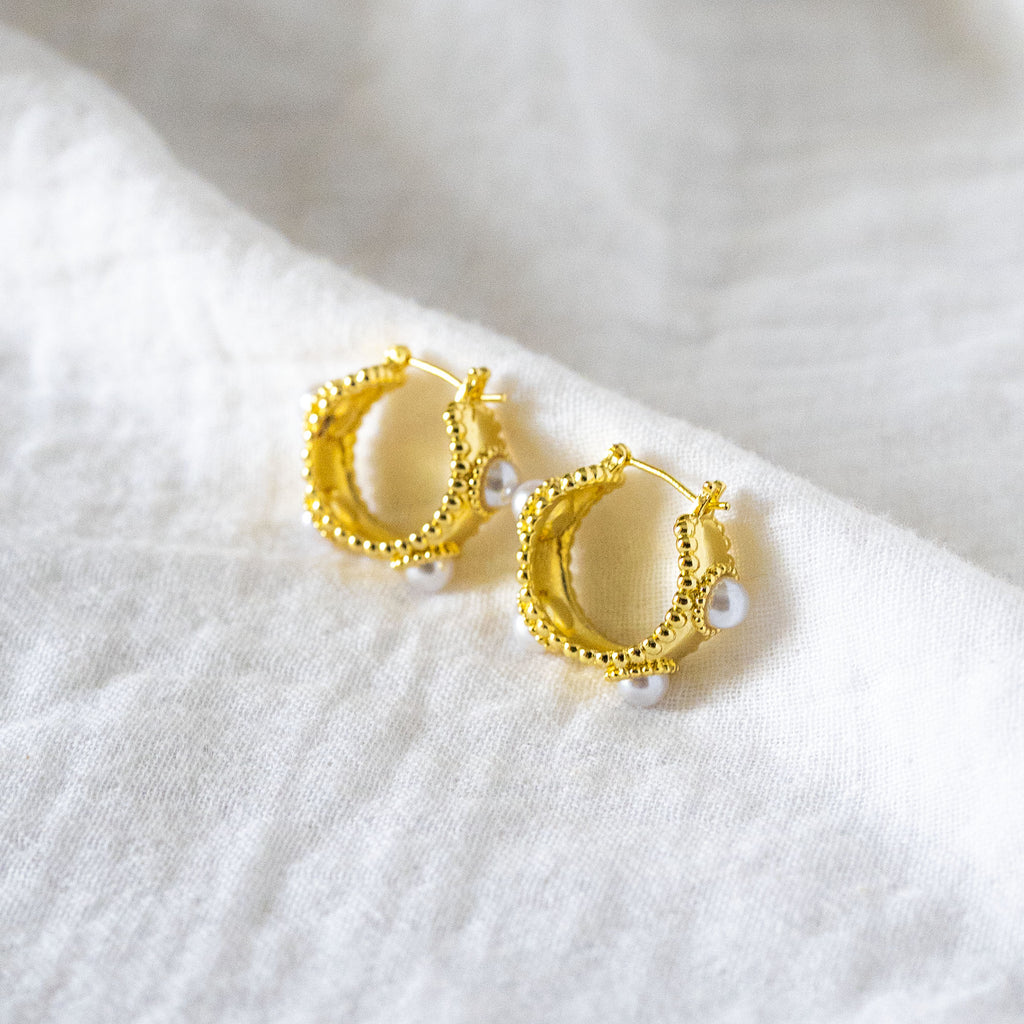 Beaded Pearl Mini-Hoop Earrings Gold