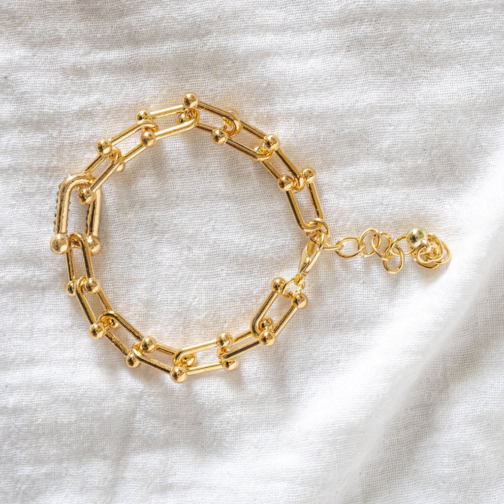 Gold Chunky Link Bracelet with Pavé Crystal Accent - Modern U-Link Chain