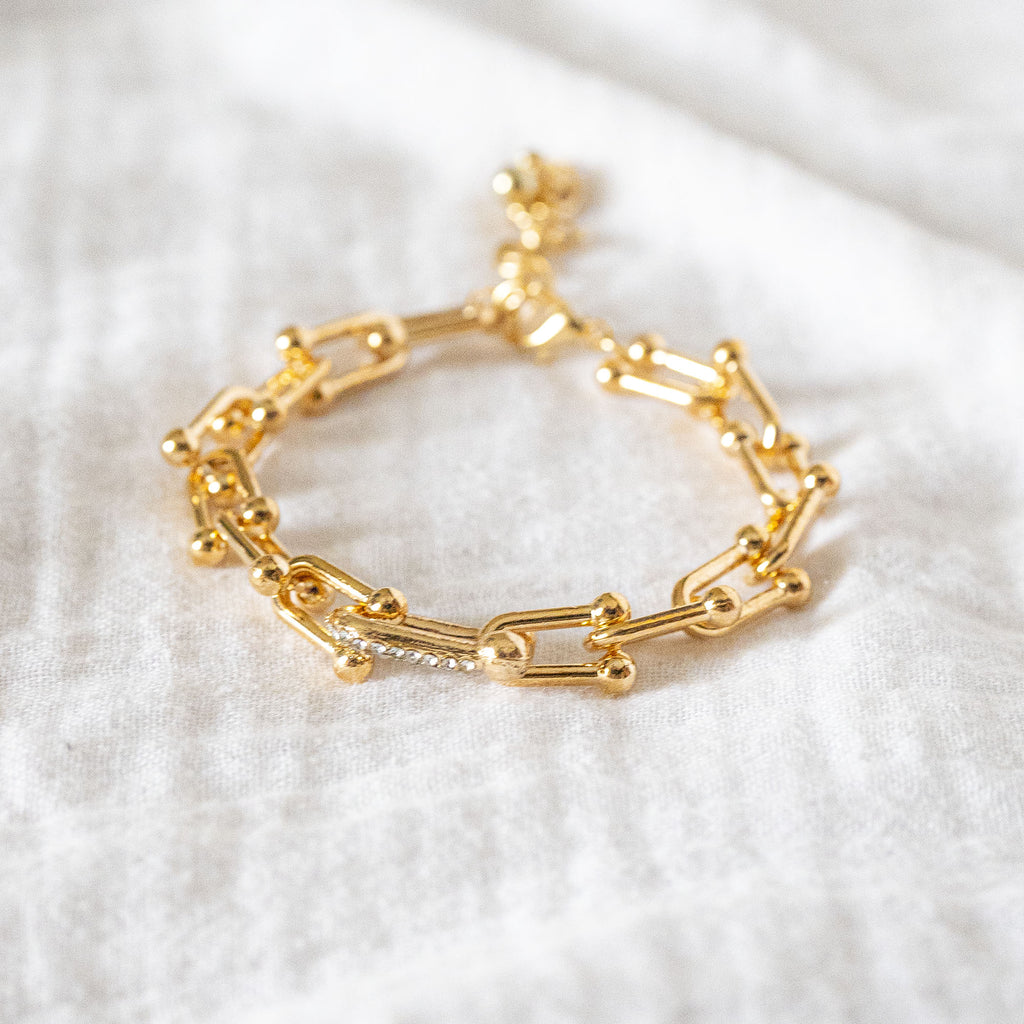 Gold Chunky Link Bracelet with Pavé Crystal Accent - Modern U-Link Chain