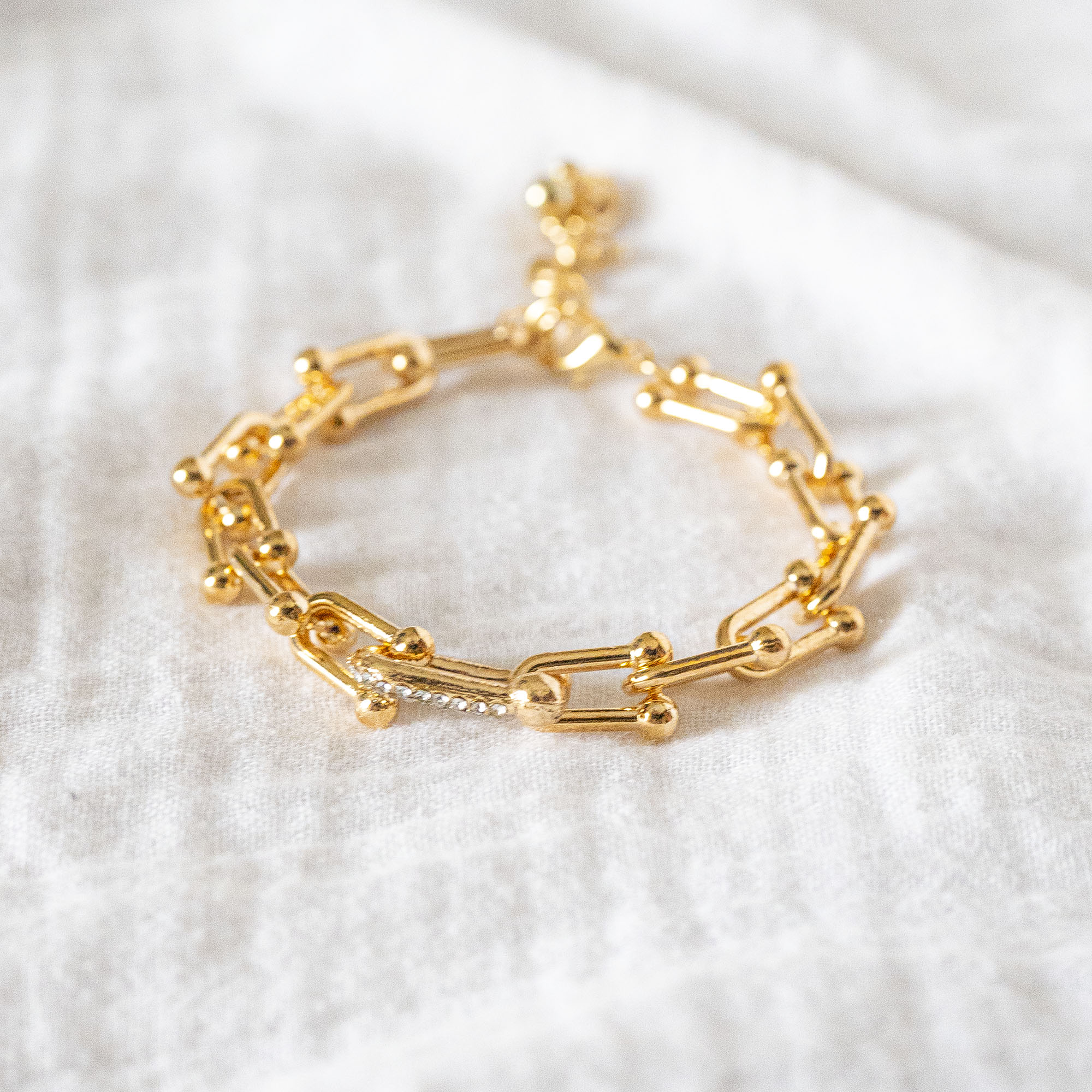 Gold Chunky Link Bracelet with Pavé Crystal Accent - Modern U-Link Chain