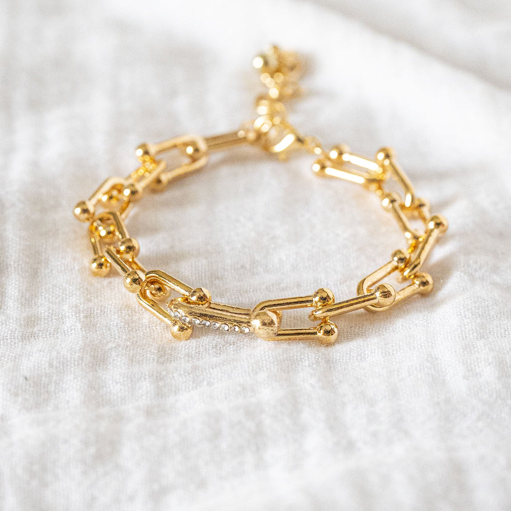 Gold Chunky Link Bracelet with Pavé Crystal Accent - Modern U-Link Chain