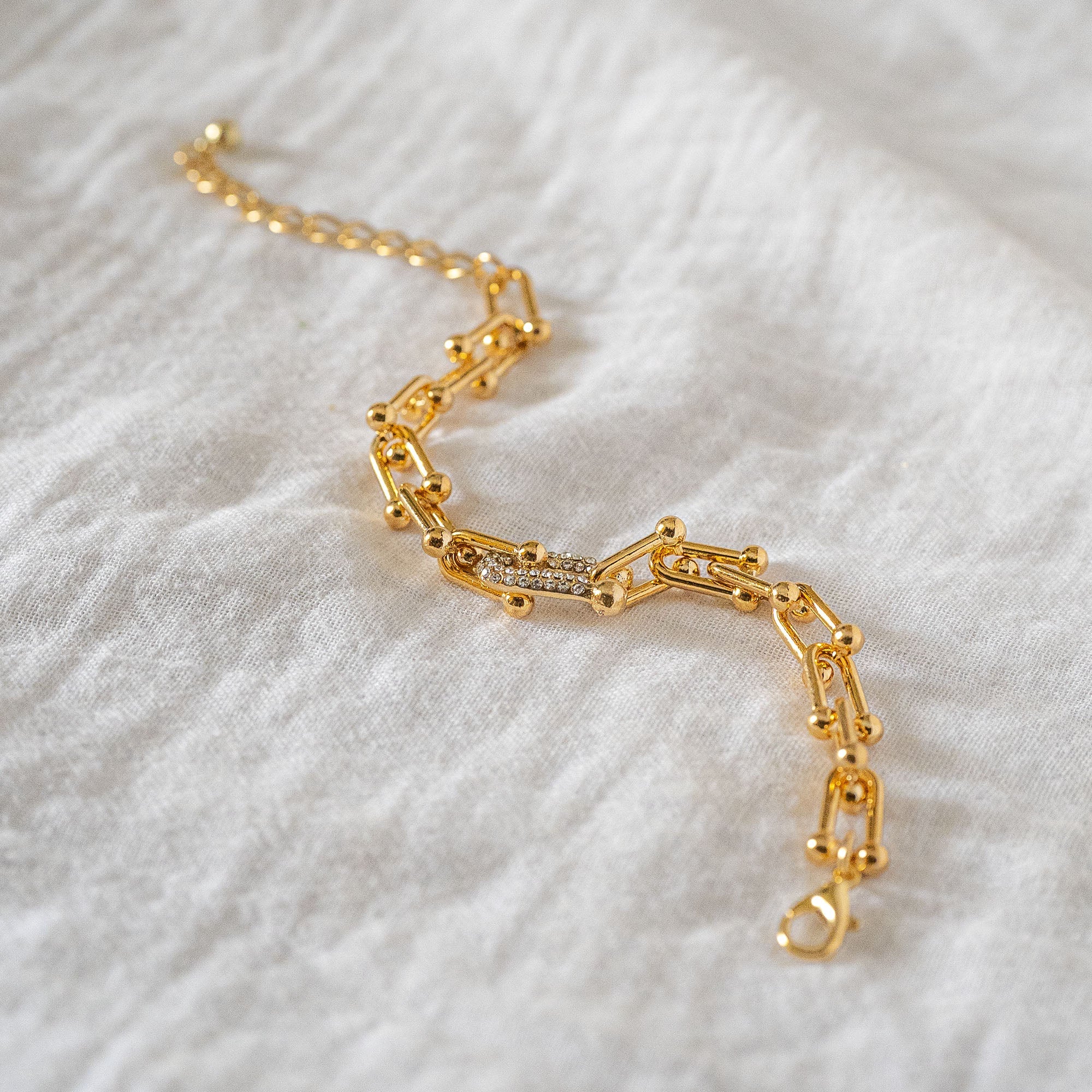 Gold Chunky Link Bracelet with Pavé Crystal Accent - Modern U-Link Chain
