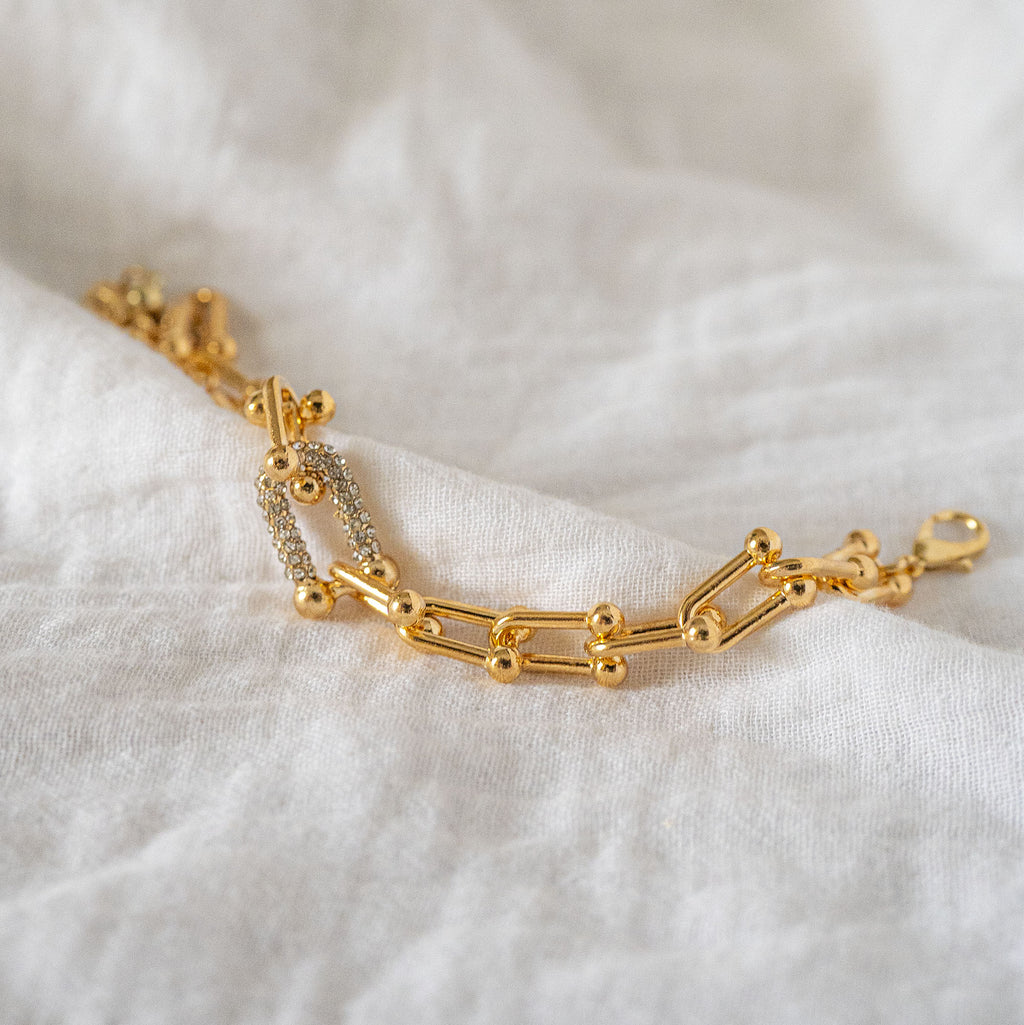 Gold Chunky Link Bracelet with Pavé Crystal Accent - Modern U-Link Chain