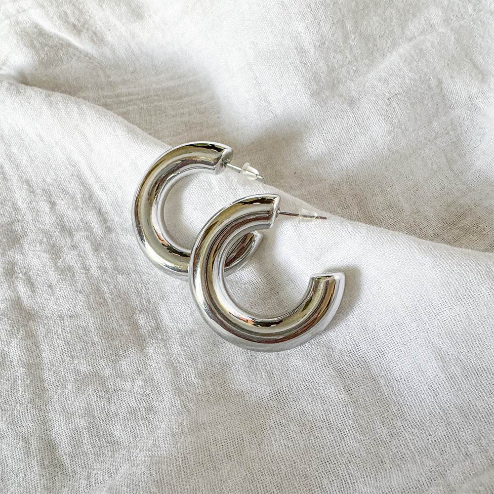 Large C hoops Thick tube Silver