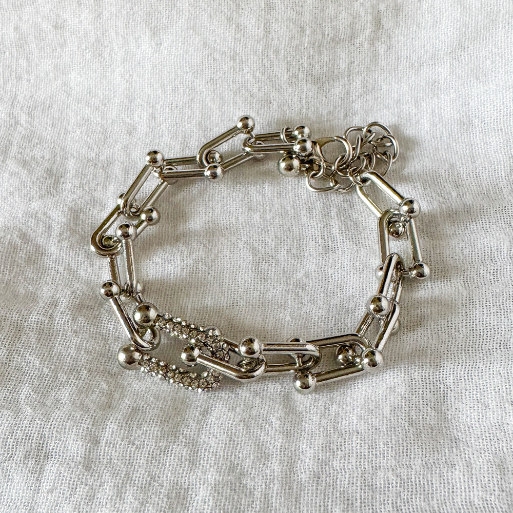 Silver Chunky Link Bracelet with Pavé Crystal Accent - Modern U-Link Chain