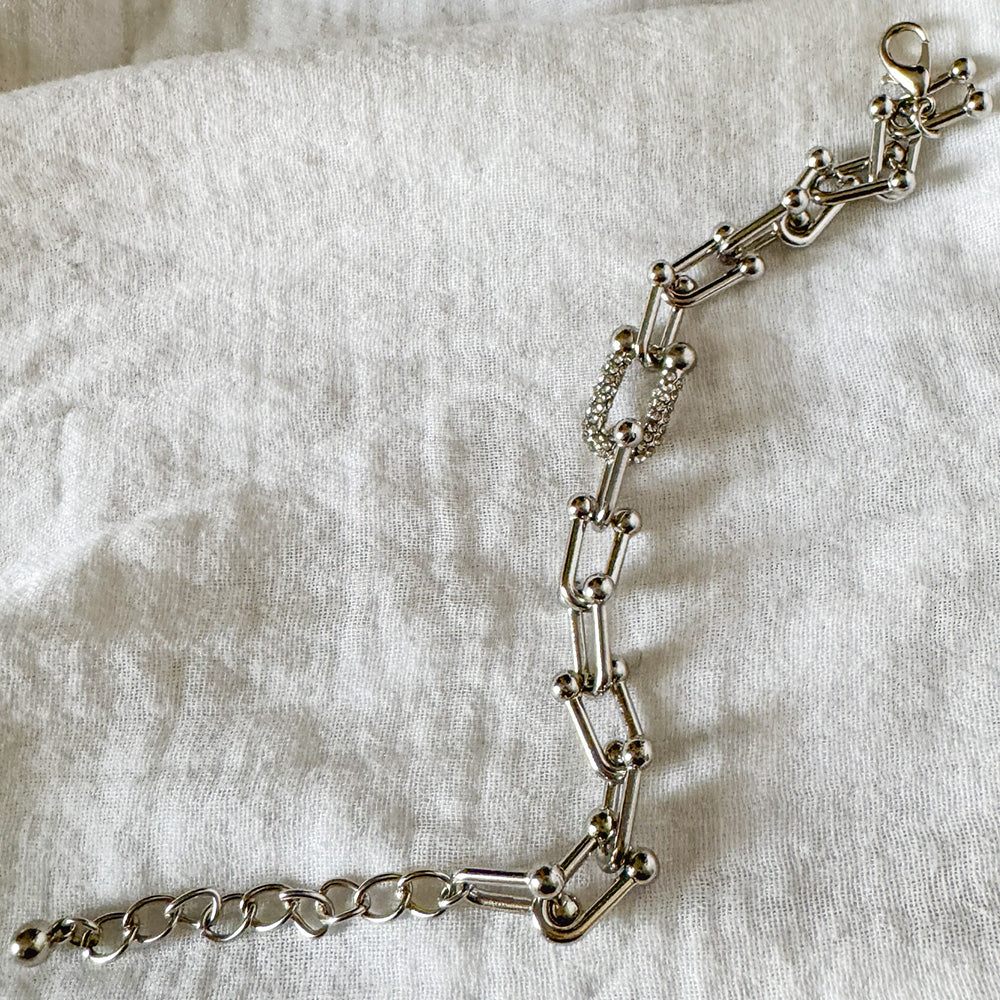 Silver Chunky Link Bracelet with Pavé Crystal Accent - Modern U-Link Chain