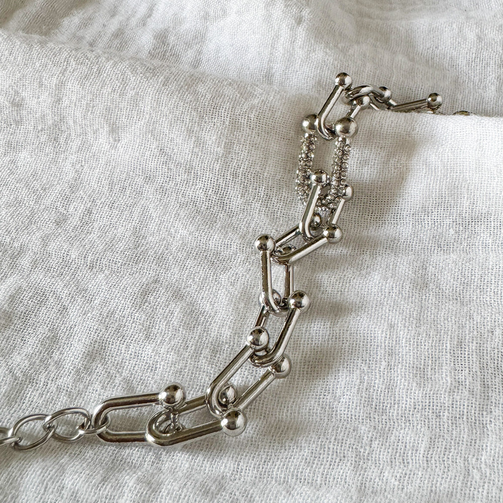 Silver Chunky Link Bracelet with Pavé Crystal Accent - Modern U-Link Chain