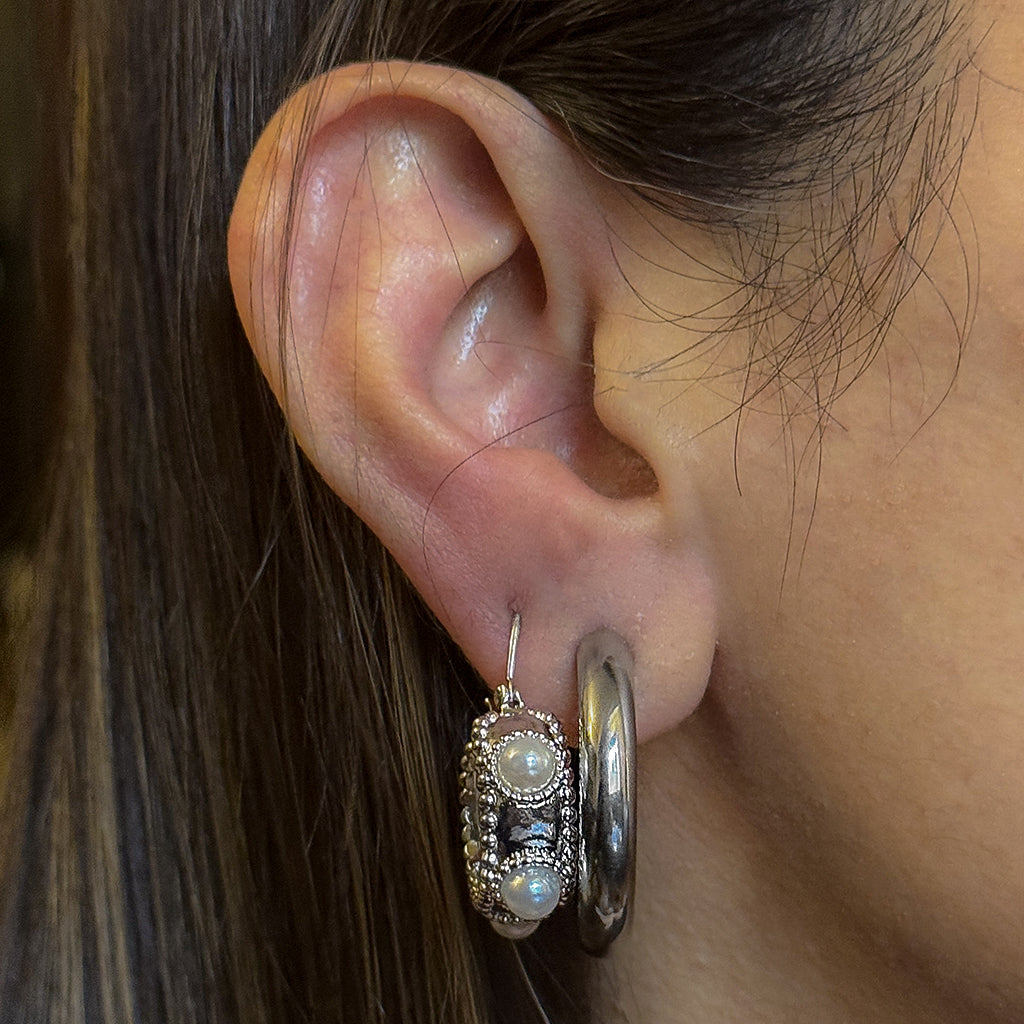 Beaded Pearl Mini-Hoop Earrings Silver